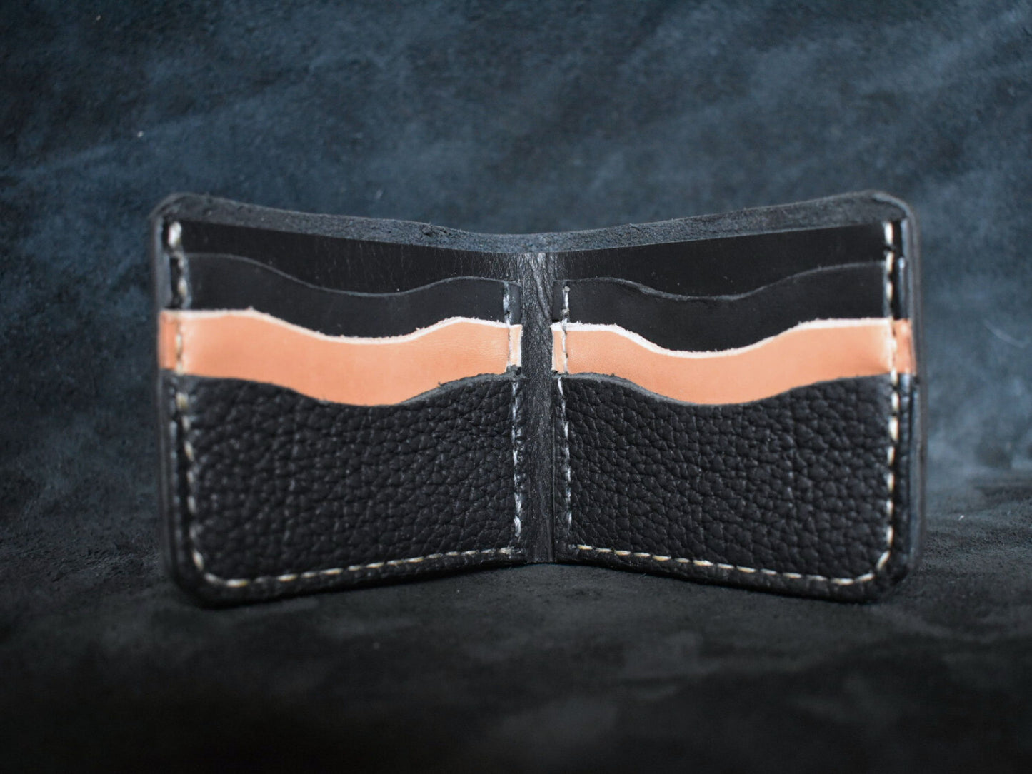 Handmade Leather Billfold Wallet in Black + Tan